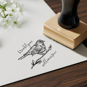 Natural Vintage Bird & Branch Personalized Name Rubber Stamp