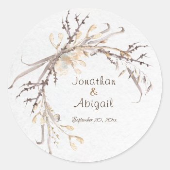 Natural Watercolor Dry Herbs Wreath Rustic Wedding Classic Round Sticker by CChristianDesigns at Zazzle
