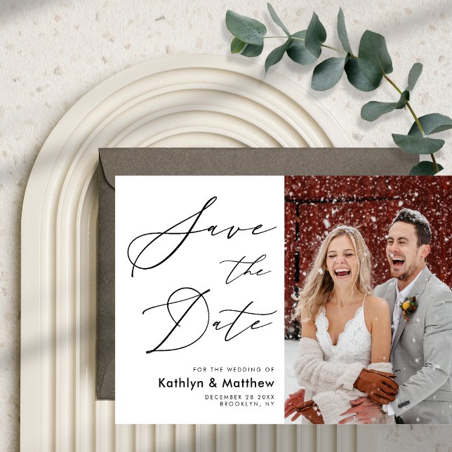 Natural White Elegant Script Modern Photo Wedding Save The Date (Creator Uploaded)