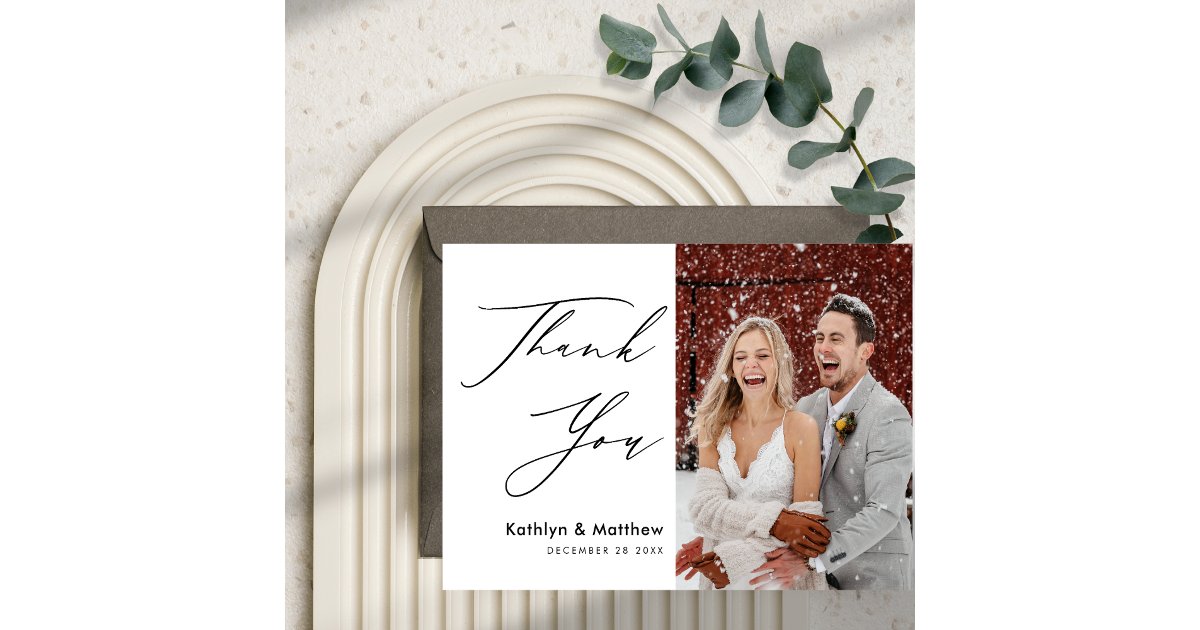 Natural White Elegant Script Modern Photo Wedding Thank You Card | Zazzle