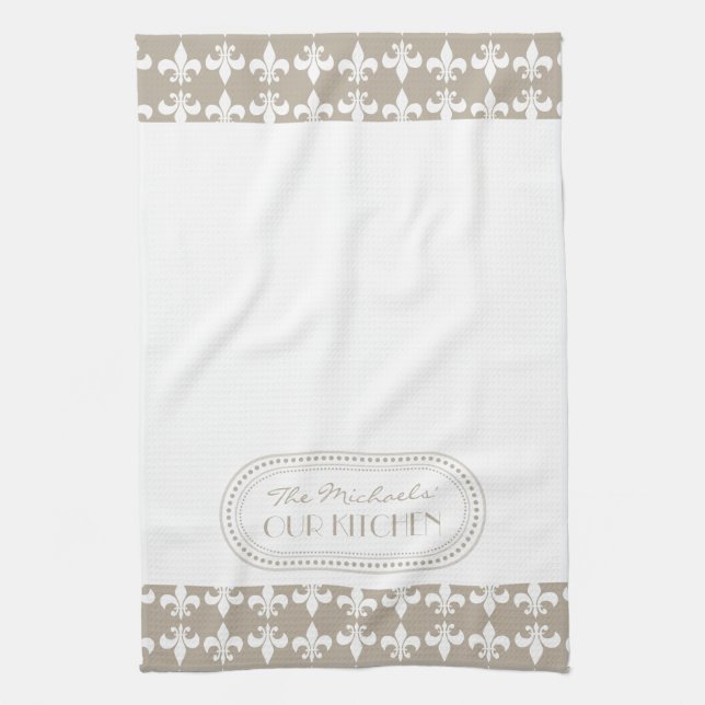 Natural | White Fleur de Lis Pattern Monogram Towel (Vertical)