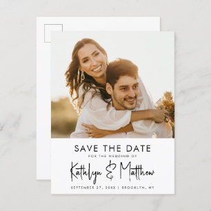 Natural White Fun Script Modern Photo Wedding Save Announcement Postcard