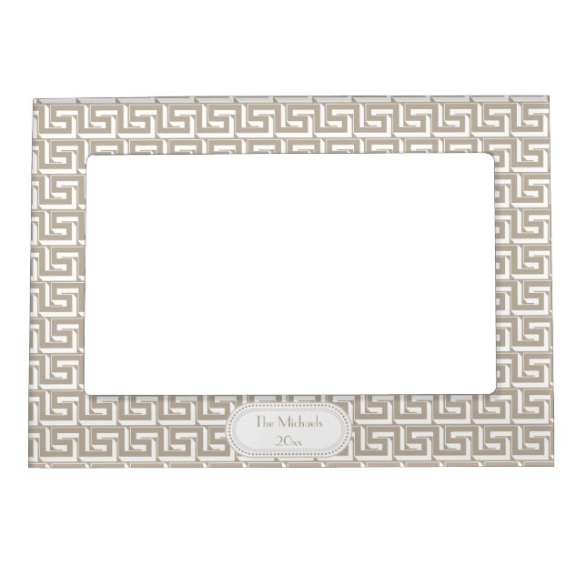 Natural | White Greek Key Pattern Monogram Magnetic Frame (Front)