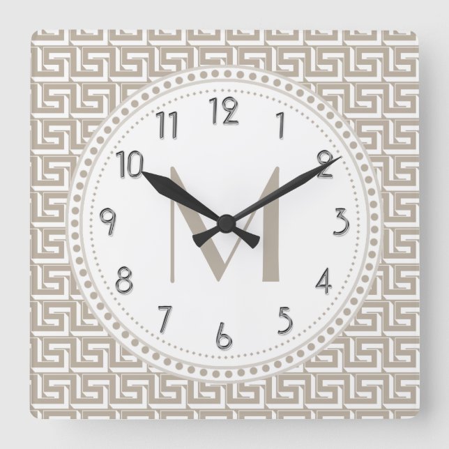 Natural | White Greek Key Pattern Monogram Square Wall Clock (Front)