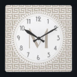 Natural | White Greek Key Pattern Monogram Square Wall Clock<br><div class="desc">Stylish natural beige and white Greek key meandering style pattern. Some items in this design collection can be personalized with your initial or name and/or other text in the fields provided. Other color combinations are available upon request. If you like this pattern, but don't see what you're looking for color...</div>