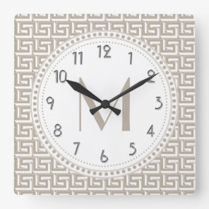 Natural | White Greek Key Pattern Monogram Square Wall Clock