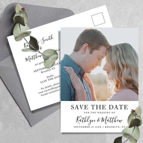 Natural White Modern Typography Photo Wedding Save Announcement Postcard