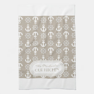Natural White Nautical Anchors Wheels Monogram Towel