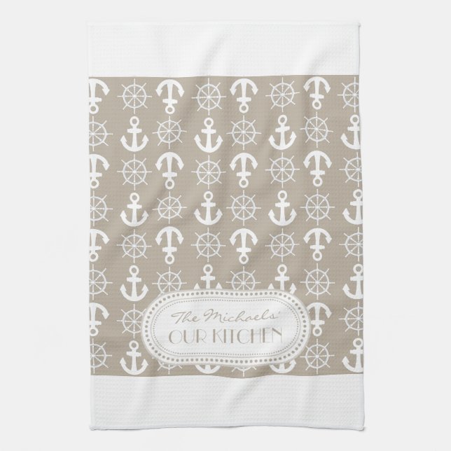 Natural | White Nautical Anchors Wheels Monogram Towel (Vertical)