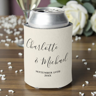 Natural White Script Minimalist Wedding Can Cooler