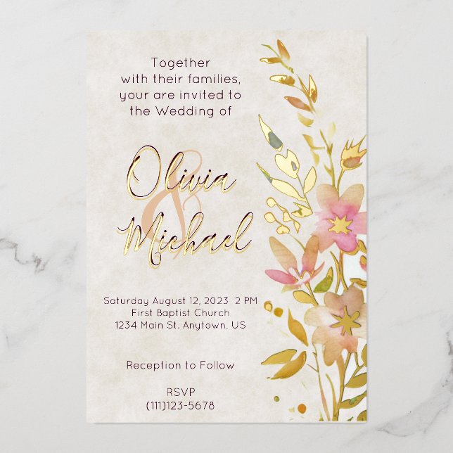 Natural wildflowers Wedding Foil Invitation (Front)