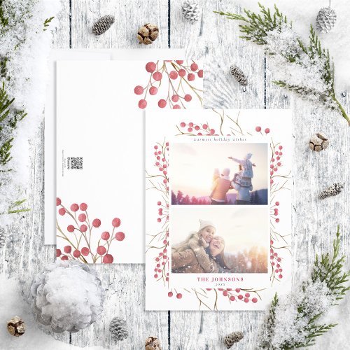 Natural Winter Red Berry 2 Photo Holiday Card