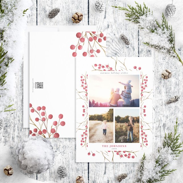 Natural Winter Red Berry 3 Photo Holiday Card (Creator Uploaded)