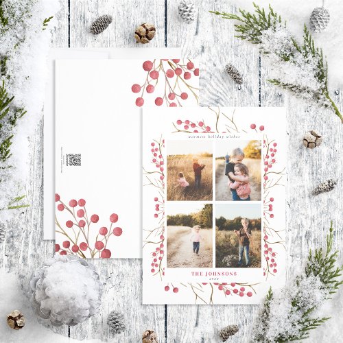 Natural Winter Red Berry 4 Photo Holiday Card