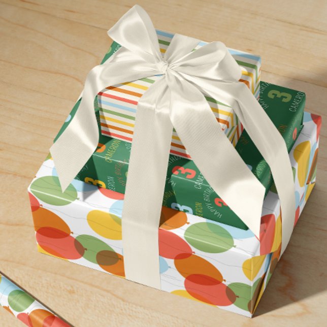 Natural Wonder Mixed Pattern Birthday Wrapping Paper Sheets (coordinated custom birthday gift wrap with balloons, stripes and a year in soft natural hues)