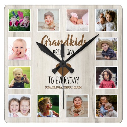 Natural Wood 12 Photo Collage Grandkids Quote   Square Wall Clock