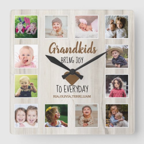 Natural Wood 12 Photo Collage Grandkids Quote   Square Wall Clock