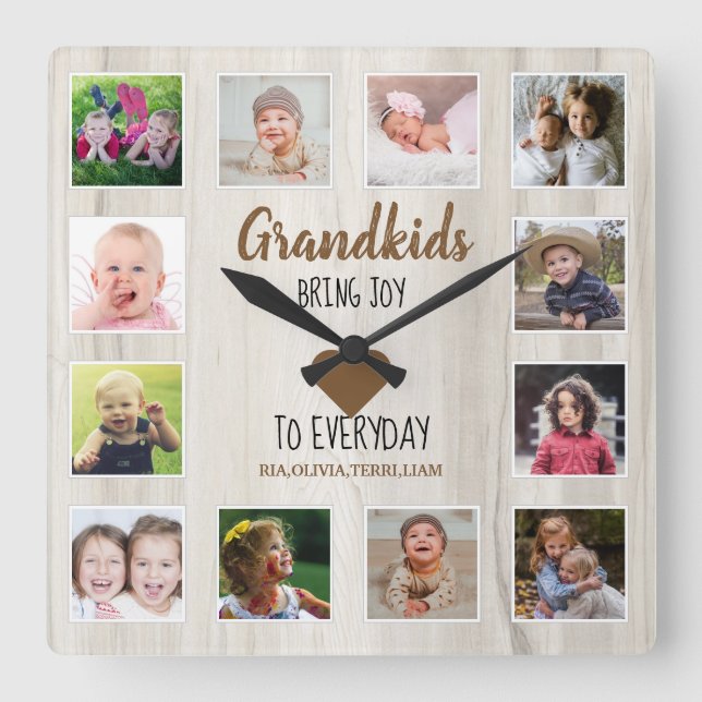 Natural Wood 12 Photo Collage Grandkids Quote   Square Wall Clock (Front)