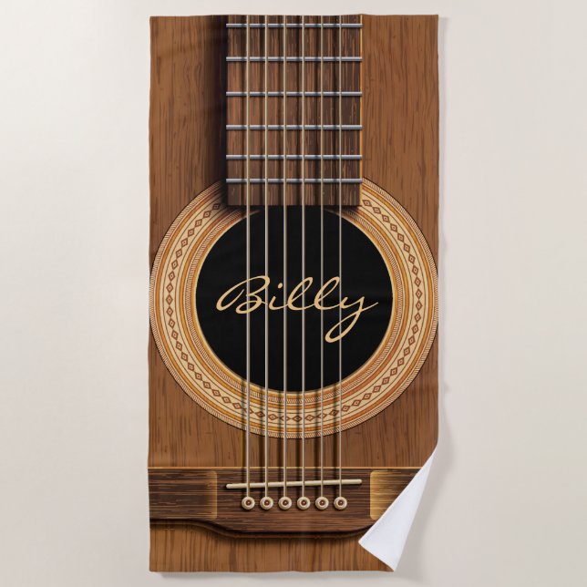 Natural Wood Acoustic Guitar Close Up Personalized Beach Towel (Front)