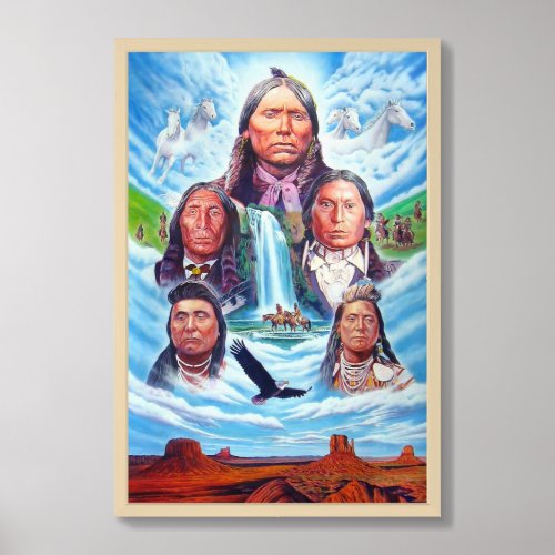 Natural Wood Famous Native Americans Painting Framed Art