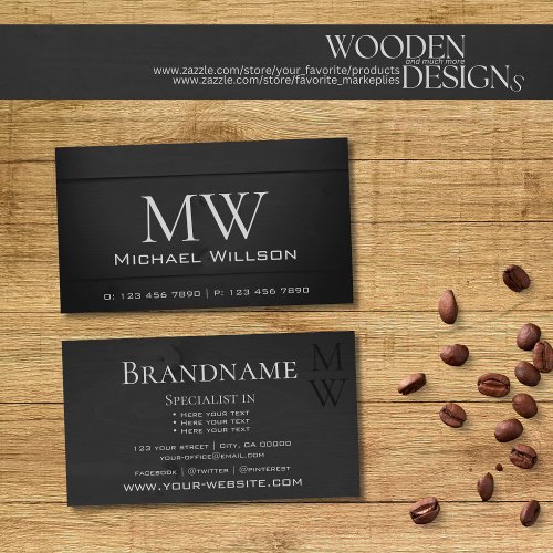 Natural Wood Grain Black Wooden Boards Monogram Business Card