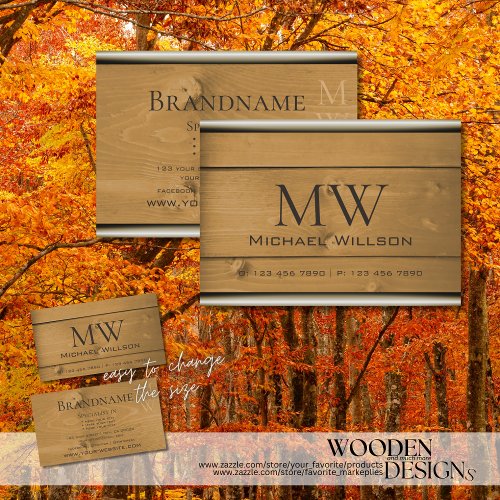 Natural Wood Grain Rustic Wooden Boards Monogram Business Card