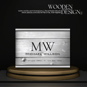 Natural Wood Grain White Wooden Boards Monogram Business Card