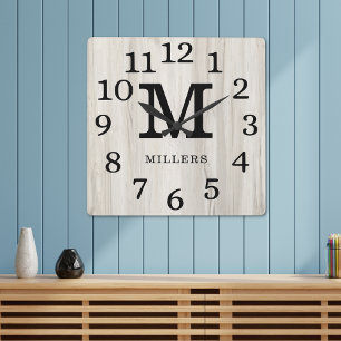 Natural Wood Large Numbers Family Name Monogram Square Wall Clock