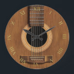 Natural Wood Look Acoustic Guitar Music Large Clock<br><div class="desc">Natural Wood Look Acoustic Guitar Musicn Clock. A warm brown wood steel string design clock with gold Roman numerals. Simple and elegant decor for your home design or studio, or a great gift for your favorite guitar player, musician or music lover.</div>