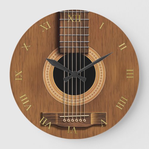 Natural Wood Look Acoustic Guitar Music Large Clock