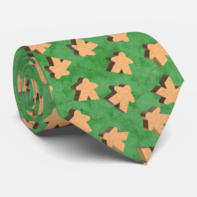 Natural Wood Meeples on Green Neck Tie (Rolled)