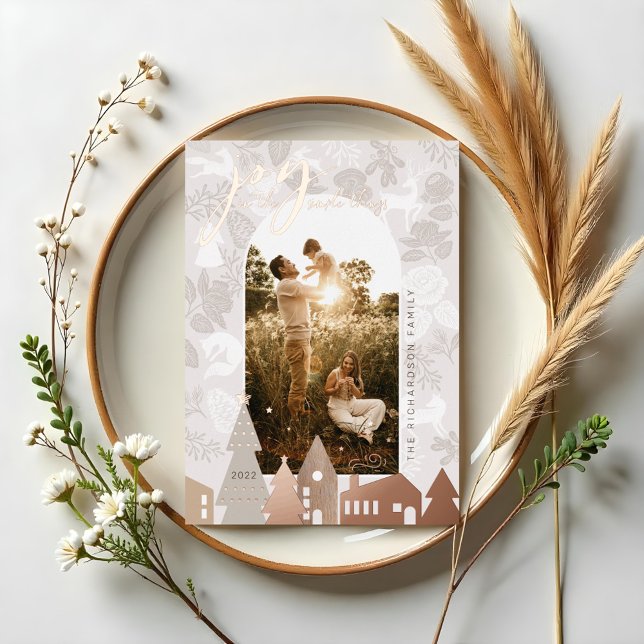 Natural Woodland Animals Cozy Village Arch Photo Foil Holiday Card (Natural Woodland Animals Cozy Village Arch Photo Foil Holiday Card)