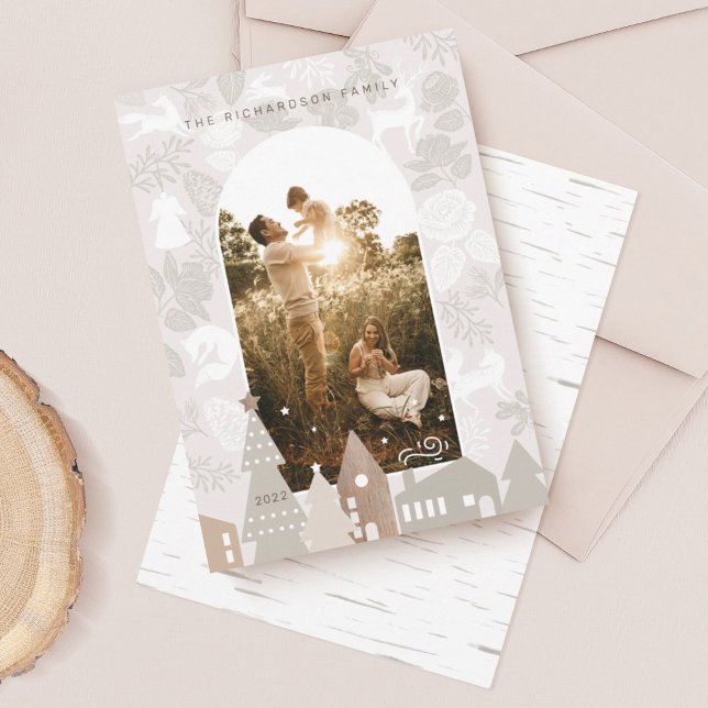 Natural Woodland Animals Cozy Village Arch Photo Holiday Card (Creator Uploaded)