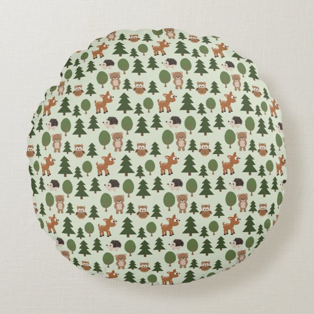 Natural Woodland Friends Baby Animals Trees Round Pillow (Front)