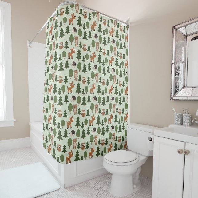 Natural Woodland Friends Baby Animals Trees Shower Curtain (In Situ)