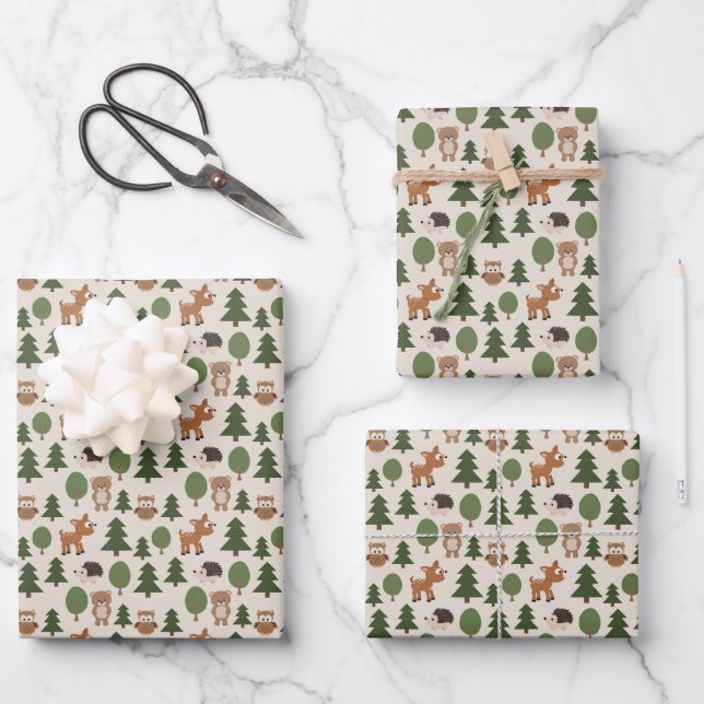 Natural Woodland Friends Baby Animals Trees Wrapping Paper Sheets (Front)