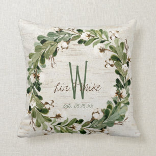 Natural Wreath Monogram Names Wedding Keepsake Throw Pillow