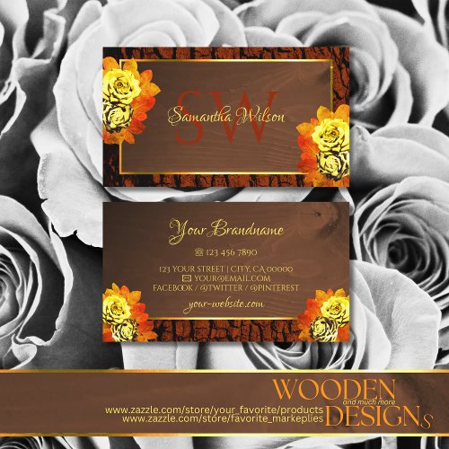 Natural Yellow Blooming Roses Wood Grain Initials Business Card