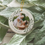 Naturally Joyful | Botanical Personalized Photo Ceramic Ornament<br><div class="desc">This holiday season,  commemorate a special year with this elegant personalized photo Christmas ornament. Graceful sprigs of muted green painted watercolor mistletoe frame your photo,  with your name and the year curving around. Add a second photo to the reverse side.</div>