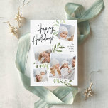 Naturally Joyful | Christmas Photo Collage Holiday Card<br><div class="desc">Our beautiful rustic chic holiday photo card features four of your favorite square family photos in a collage layout. "Happy Holidays" appears at the top in hand lettered script typography on a white chalkboard background accented with light green watercolor botanical foliage for a beautiful nature-inspired look. Customize with your family...</div>