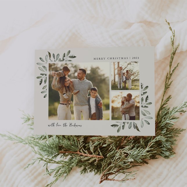 Naturally Joyful | Elegant Watercolor 3 Photo Holiday Card (Creator Uploaded)