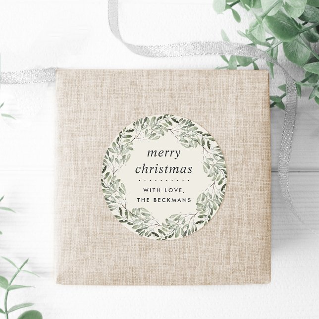 Naturally Joyful | Green | Personalized Christmas Classic Round Sticker (Creator Uploaded)