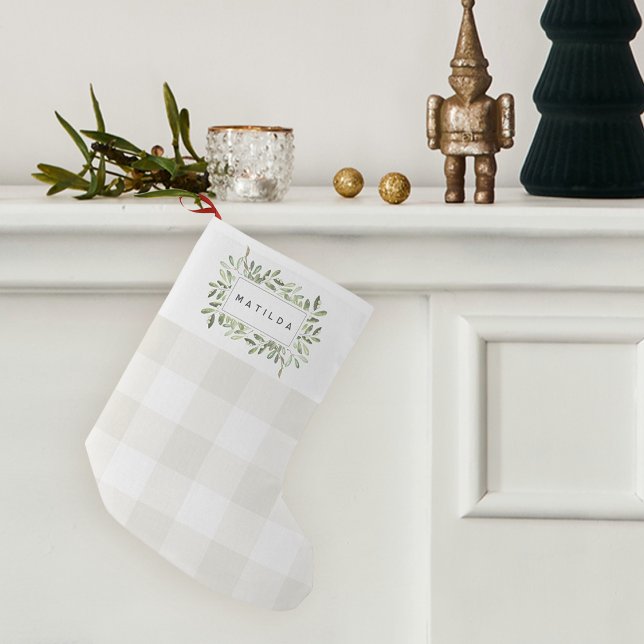 Naturally Joyful Plaid Botanical Personalized Small Christmas Stocking (Creator Uploaded)