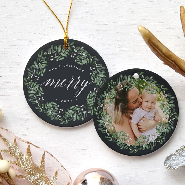 Naturally Joyful | Very Merry Personalized Photo Ceramic Ornament (Creator Uploaded)
