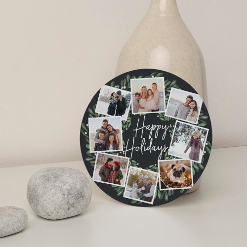 Naturally Joyful Watercolor Round Photo Collage Ho Holiday Card