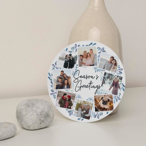 Naturally Joyful Watercolor Round Photo Collage Holiday Card
