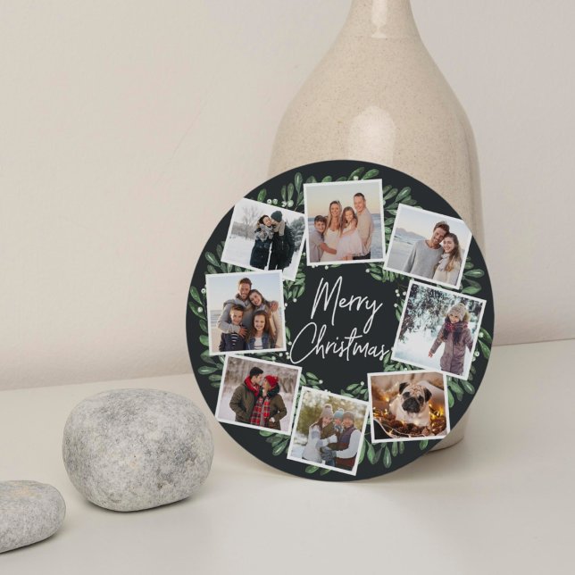 Naturally Joyful Watercolor Round Photo Collage Holiday Card (Creator Uploaded)