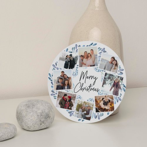 Naturally Joyful Watercolor Round Photo Collage Holiday Card