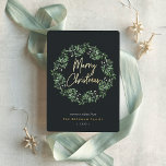 Naturally Joyful | Watercolor Wreath Christmas Foil Holiday Card<br><div class="desc">Send holiday greetings to friends and family in chic style with our elegant cards. A graceful wreath of soft green painted watercolor mistletoe frames the greeting "merry christmas" in gold foil hand lettered typography, with your custom message, names, and the year beneath. A simple and elegant non-photo design in festive,...</div>