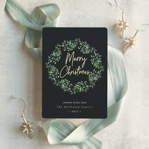 Naturally Joyful   Watercolor Wreath Christmas Foil Holiday Card
